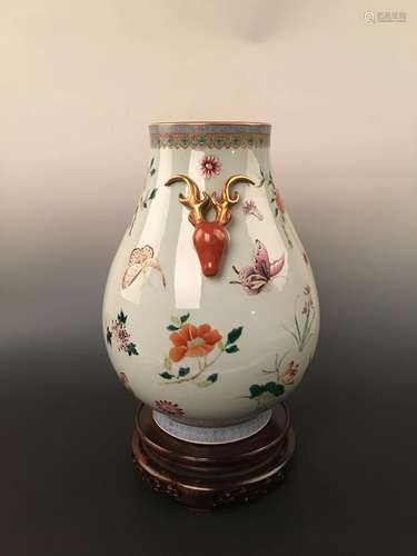 Famille-Rose with Deer Head Handle with Butterflies and flowers, Qianlong Mark