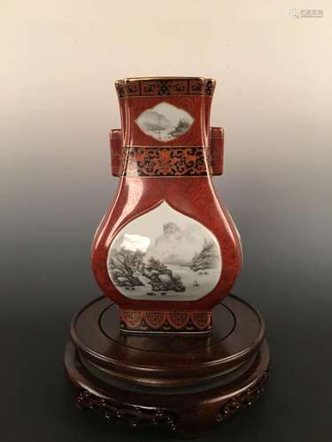 Chinese Famille Rose Squae Vase With Landscapes