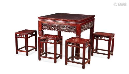 红木灵芝纹八仙桌连椅 （五件）
