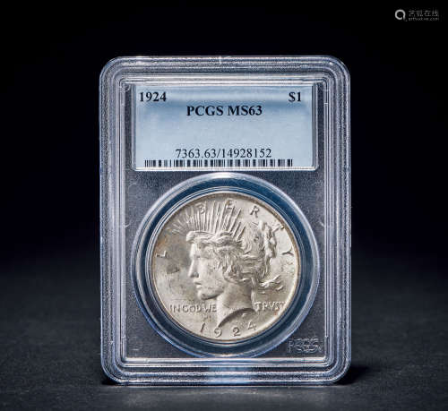 1924年 PCGS-MS63 美国和平鸽1元大银币