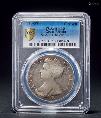 1708／7年 PCGS-F15英国安妮女皇 1克郎错版大银币