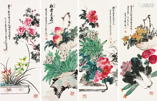 汪雨人 花卉 （四件） 四屏 镜片