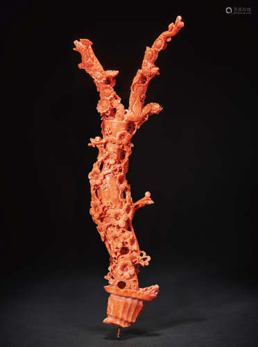 民国 红珊瑚雕花卉摆件
