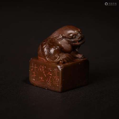 A CARVED SOAPSTONE LION SEAL ,QING DYNASTY