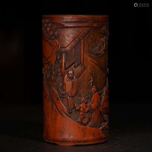 A CARVED BAMBOO 'IMMORTALS' BRUSHPOT.BITONG ,QING