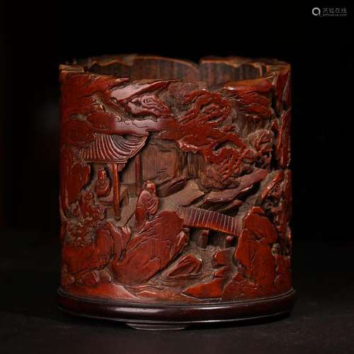 A CARVED BAMBOO 'IMMORTALS' BRUSHPOT.BITONG ,QING