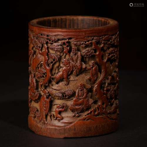 A CARVED BAMBOO 'LUOHAN AND LANDSCAPE' BRUSHPOT.BITONG