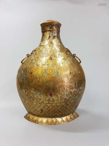 A GILT-BRONZE GEM'S INLIAD WATER POT ,HAN PERIOD