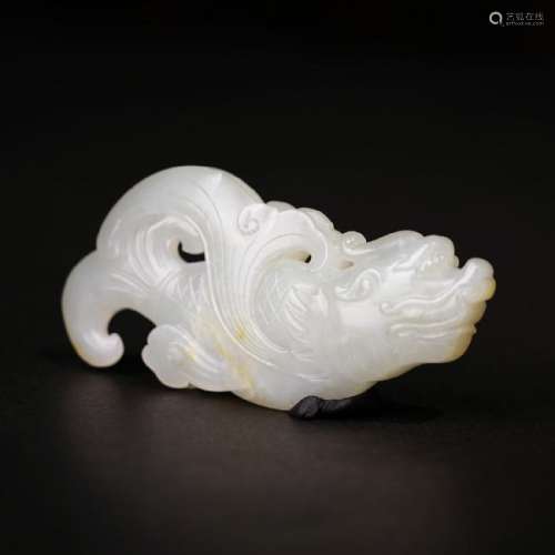 A CARVED WHITE JADE DRAGON FISH ,QING DYNASTY