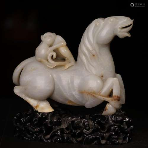 A CARVED JADE HORSE AND MONKEY ,QING DYNASTY