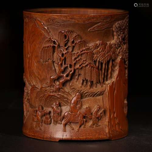 A CARVED BAMBOO'FIGURE AND LANDSCAPE' BRUSHPOT.BITONG