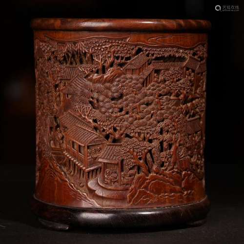 A FINE CARVED BAMBOO 'FIGURE AND LANDSCAPE'