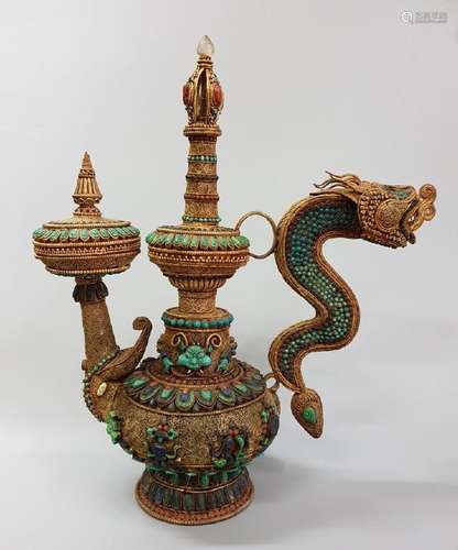 A GILT-SILVER GEM'S INLAID DRAGON EWER ,QING DYNASTY