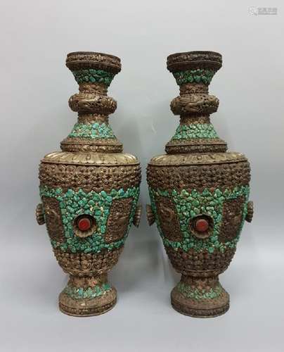 A APIR OF GEM'S INLAID SILVER VASES ,QING DYANSTY