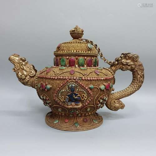 A GEM'S INLAID TIBET SILVER TEAPOT AND COVER ,QING