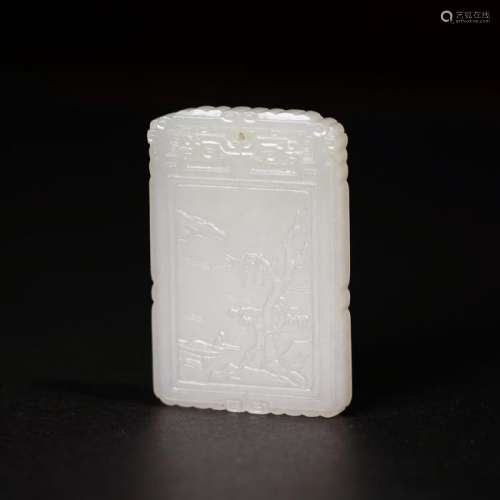 A CARVED WHITE JADE 'FIGURE AND POEM ' PENDANT ,QING