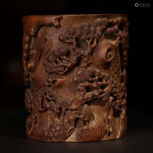 A CARVED BAMBOO'DEERS' BRUSHPOT.BITONG ,QING DYNASTY