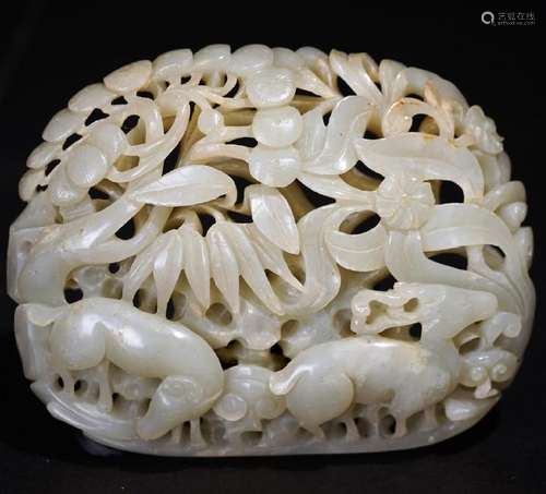 A CARVED WHITE JADE 'DEER' RUYI HEAD LIAO PERIOD