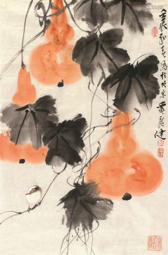 贾广健（b.1964） 葫芦小鸟 画片 设色纸本
