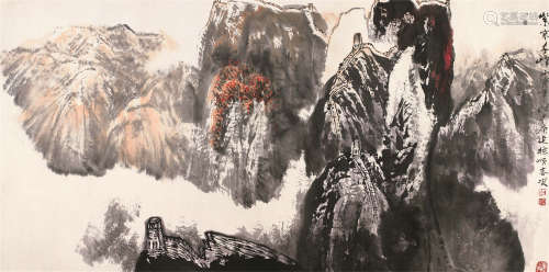 白庚延（1940～2007） 紫寒千峰 横批 设色纸本