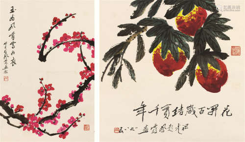 新凤霞（1927～1998） 梅花 寿桃 立轴 设色纸本