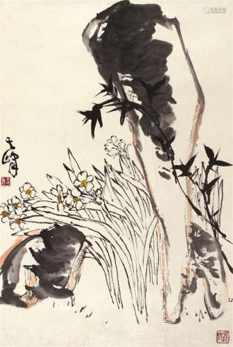 孙其峰（b.1920） 水仙竹石图 托片 设色纸本