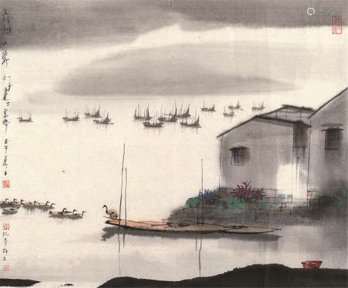 杨明义（b.1943） 太湖人家 画片 设色纸本
