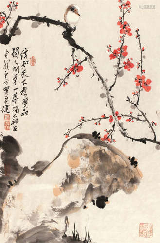 贾广健（b.1964） 红梅小鸟 画片 设色纸本