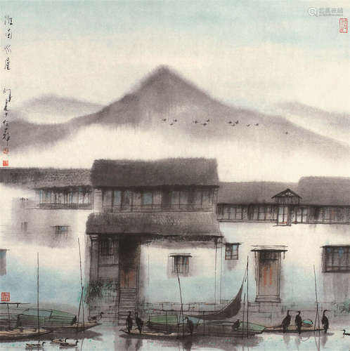 杨明义（b.1943） 江南水屋 画片 设色纸本