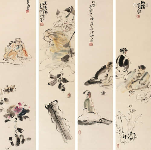 李世南（b.1940） 花卉人物 四屏立轴 设色纸本