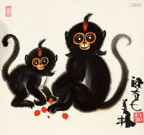 韩美林（b.1936） 双猴图 设色纸本 镜芯