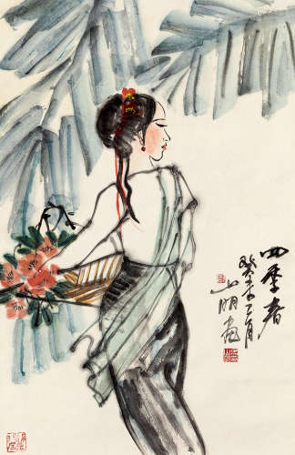 吴山明（b.1941） 四季春 设色纸本 立轴