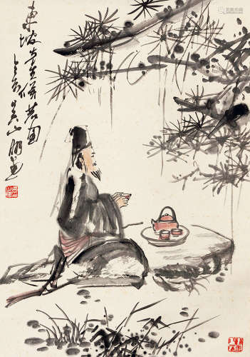 吴山明（b.1941） 东坡先生候茗图 设色纸本 立轴