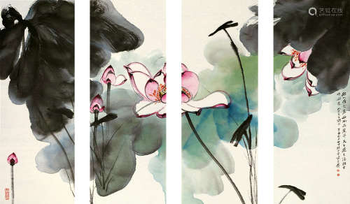 安云霁（b.1961） 荷花通景 设色纸本 四屏镜框