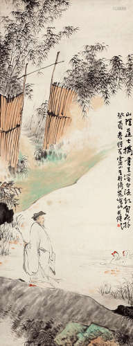 贺天健（1891～1977） 羲之观鹅图 设色纸本 立轴