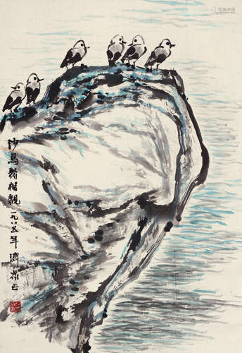 方济众（1923～1987） 沙鸟聚相亲 设色纸本 立轴