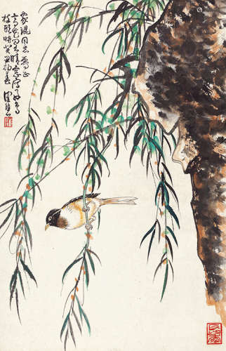 陈佩秋（b.1922） 柳石翠鸟 设色纸本 立轴