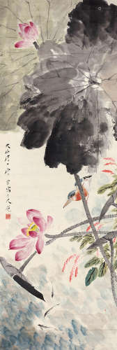 唐云（1910～1993） 荷花翠鸟 设色纸本 立轴
