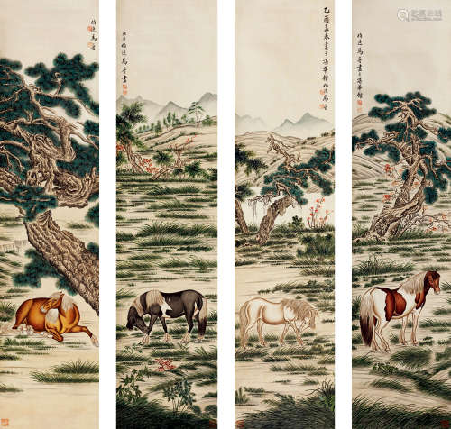 马晋（1898～1970） 骏马图 设色纸本 四屏立轴