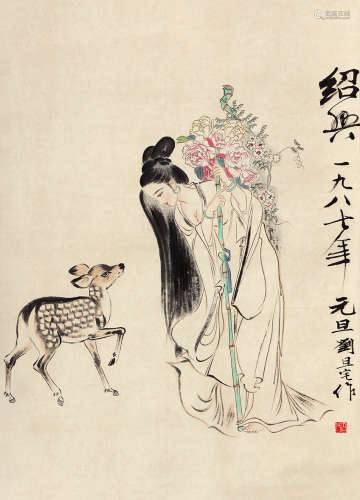 刘旦宅（1931～2011） 人物与鹿 设色纸本 立轴