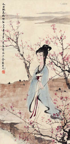 傅抱石（1904～1965） 人面桃花相映红 设色纸本 立轴