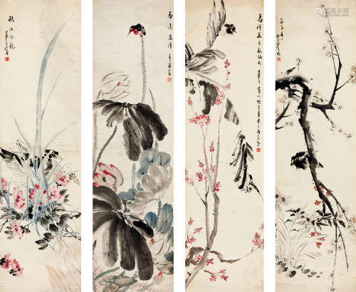 金梦石（1869～约1952） 花鸟 设色纸本 四屏立轴