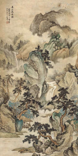 朱梅邨（1911～1993） 春山飞瀑图 设色纸本 立轴