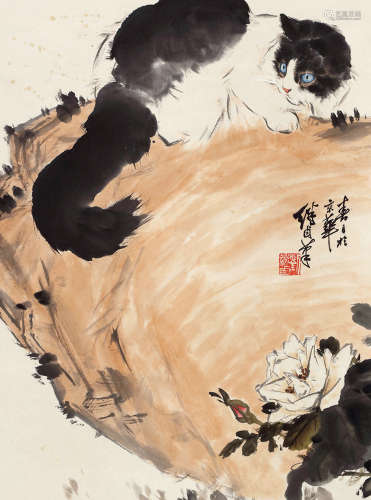 刘继卣（1918～1983） 猫石图 设色纸本 立轴