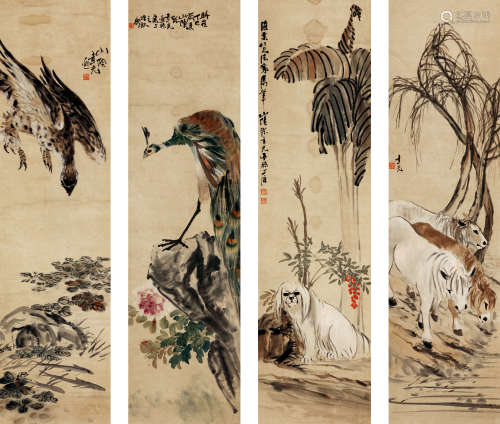 张聿光（1885～1968） 花鸟动物 设色纸本 四屏立轴