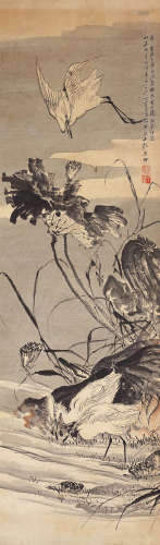 丁宝书（1866～1936） 荷塘白鹭 水墨纸本 立轴
