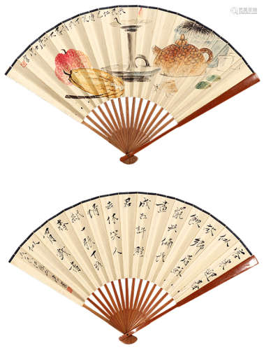 唐云（1910～1993） 书画合璧 设色纸本 成扇
