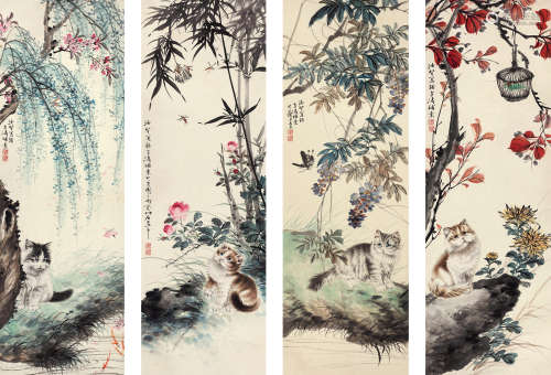 王雪涛 曹克家（1903～1982） 猫趣图 设色纸本 四屏镜框