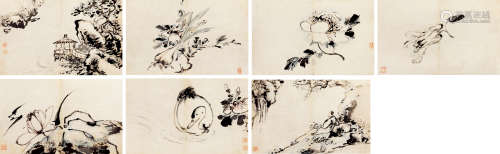 高其佩（1660～1734） 山水花鸟集珍（七开） 设色纸本 册页
