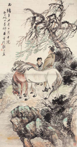 倪田（1855～1919） 洗马图 设色纸本 立轴